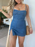 Square Neck Suspender Split Denim Short Dress