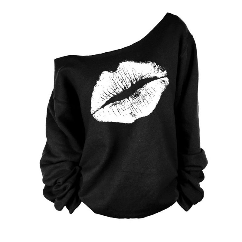 European and American Style Off-Shoulder Lip Print Sweatshirt