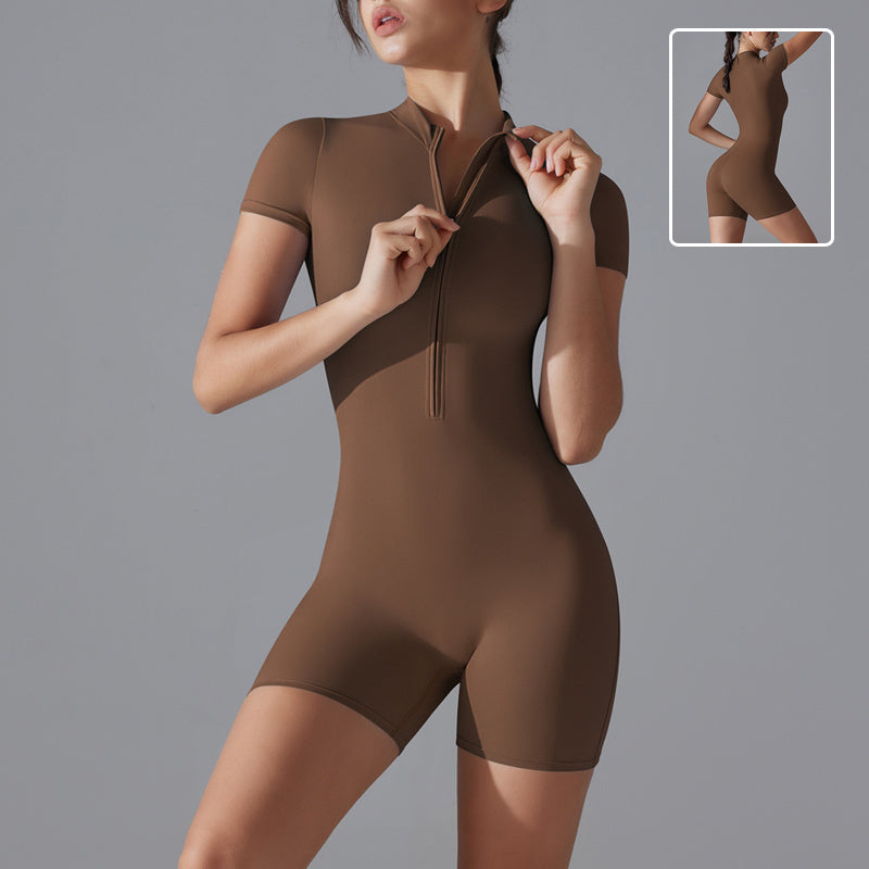 Women's Summer Zipper Short-Sleeved Sports Bodysuit – Yoga & Fitness Jumpsuit