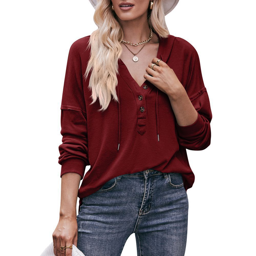 Women's Hooded V-Neck Drawstring Pullover Sweatshirt