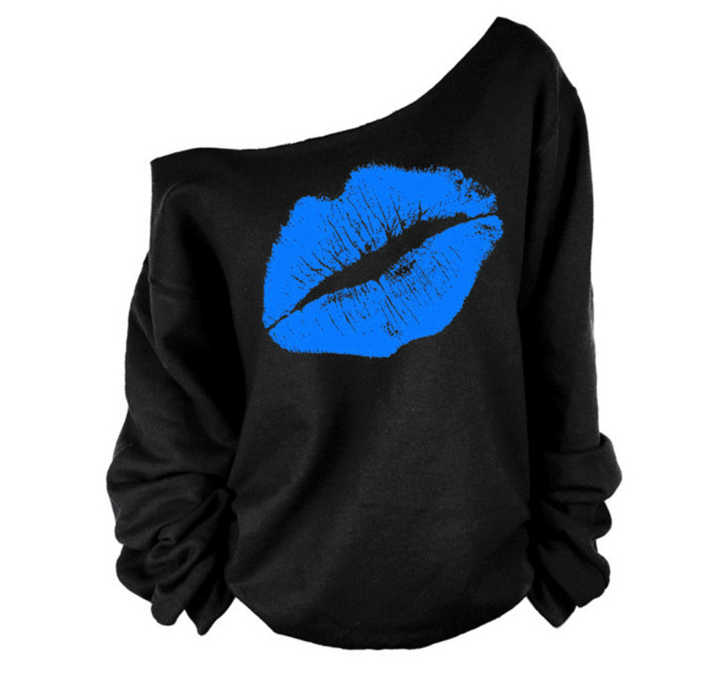 European and American Style Off-Shoulder Lip Print Sweatshirt