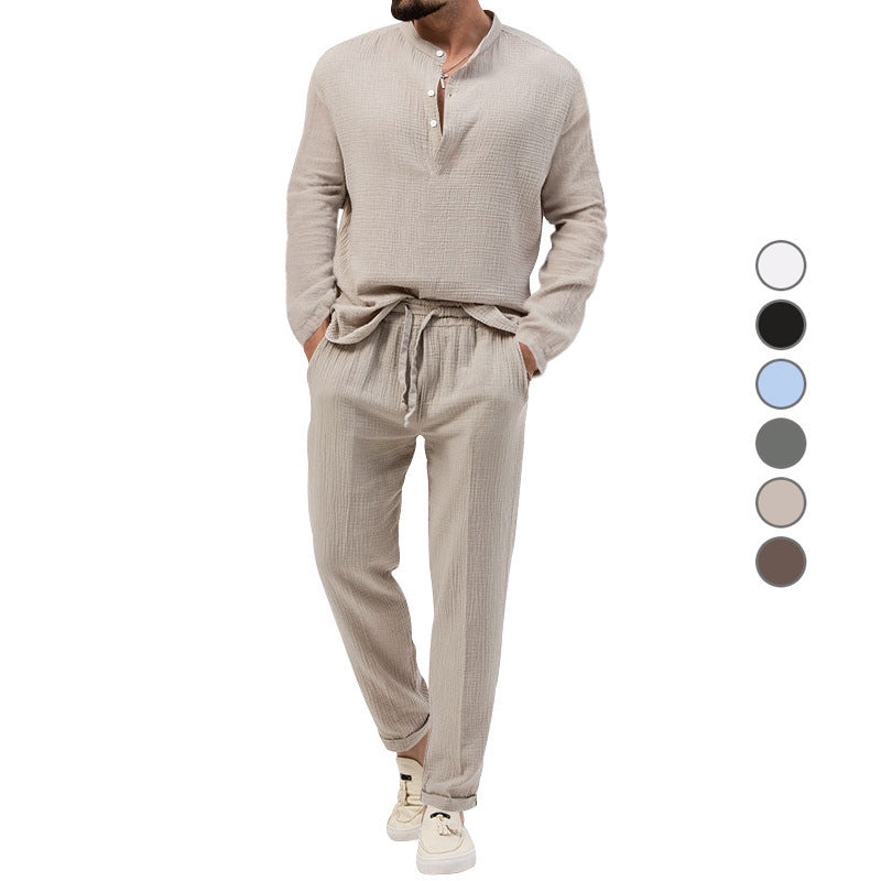Solid Color Casual T-shirt Long Sleeve Shirt & Trousers Suit