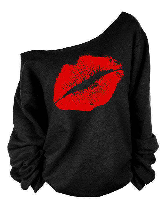 European and American Style Off-Shoulder Lip Print Sweatshirt