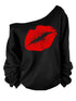 European and American Style Off-Shoulder Lip Print Sweatshirt