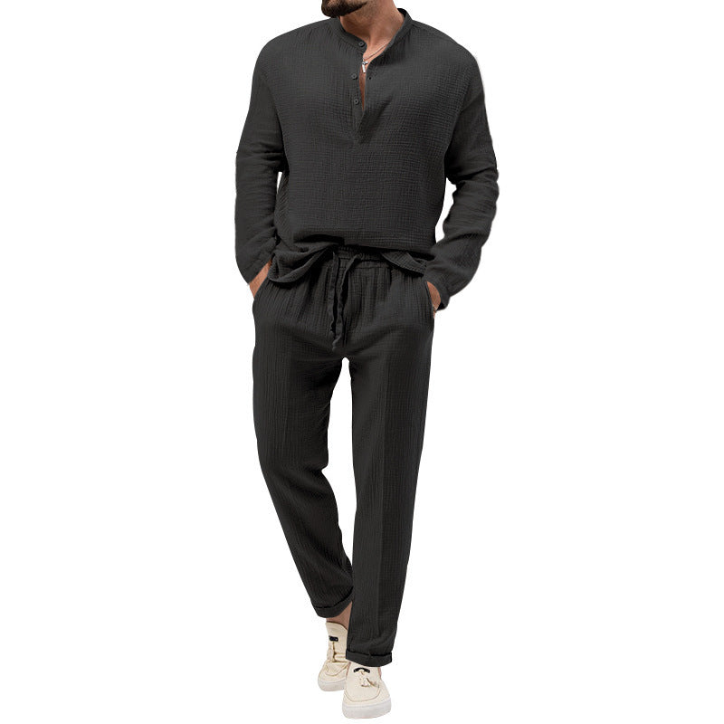 Solid Color Casual T-shirt Long Sleeve Shirt & Trousers Suit