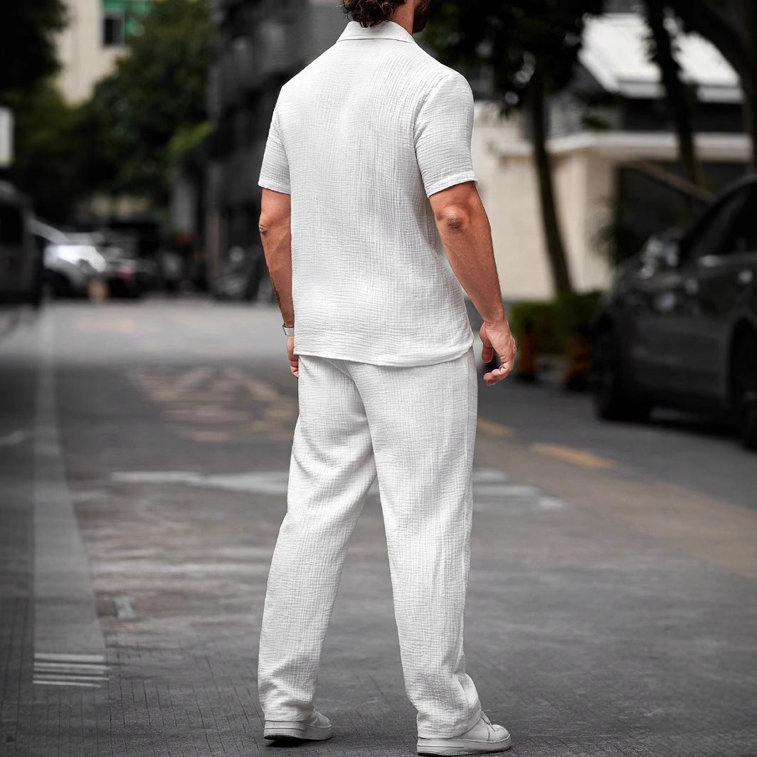 Men's Polo Collar Solid Color Short Sleeve Shirt & Trousers Set