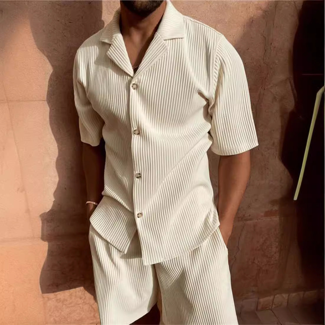 Corduroy Casual Polo Collar Sports Men's Solid Color T-shirt Shorts Set