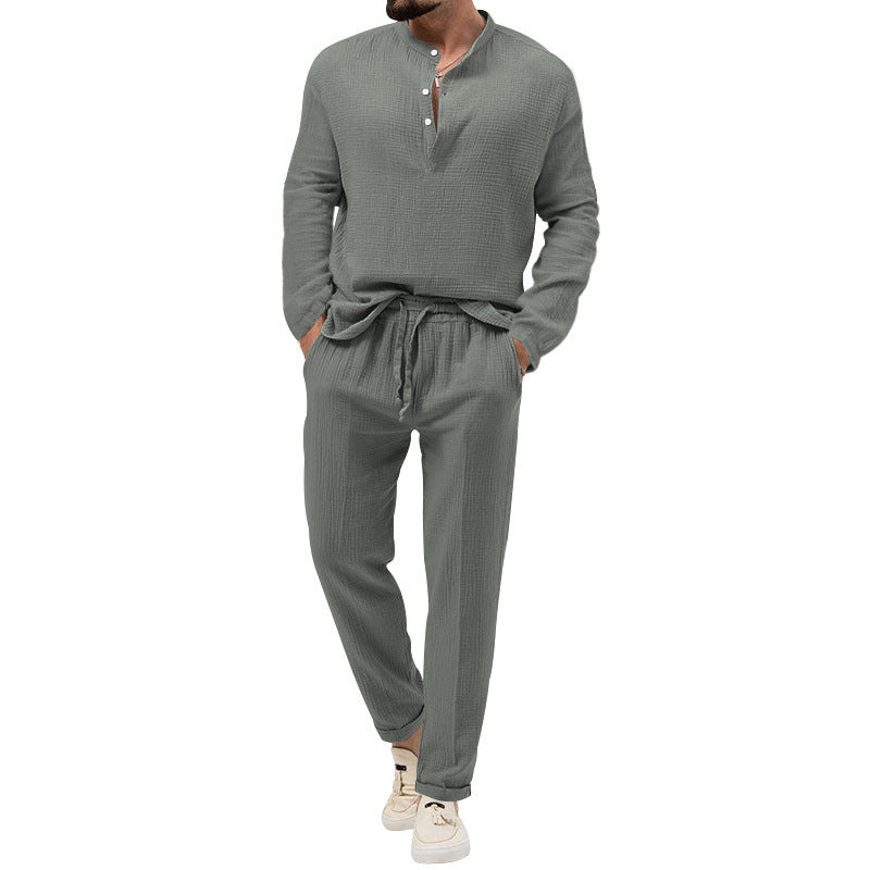 Solid Color Casual T-shirt Long Sleeve Shirt & Trousers Suit