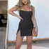 Square Neck Suspender Split Denim Short Dress