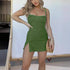 Square Neck Suspender Split Denim Short Dress