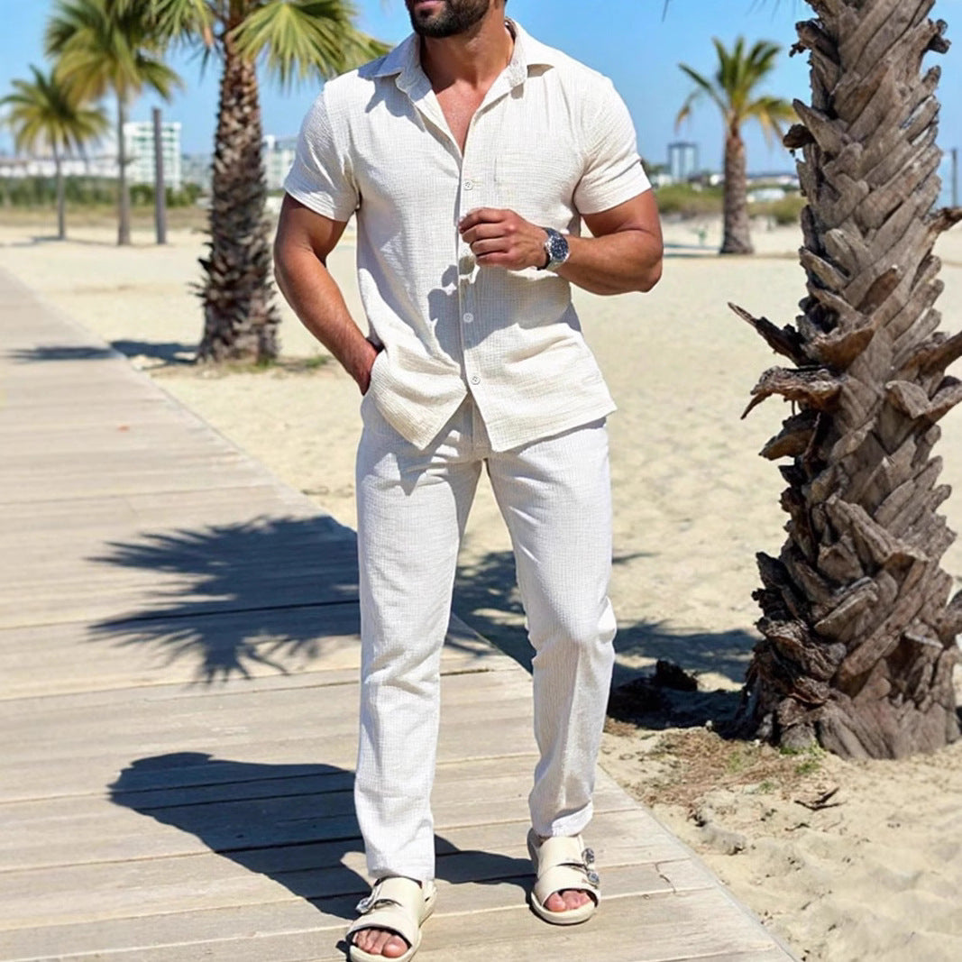 Men's Polo Collar Solid Color Short Sleeve Shirt & Trousers Set