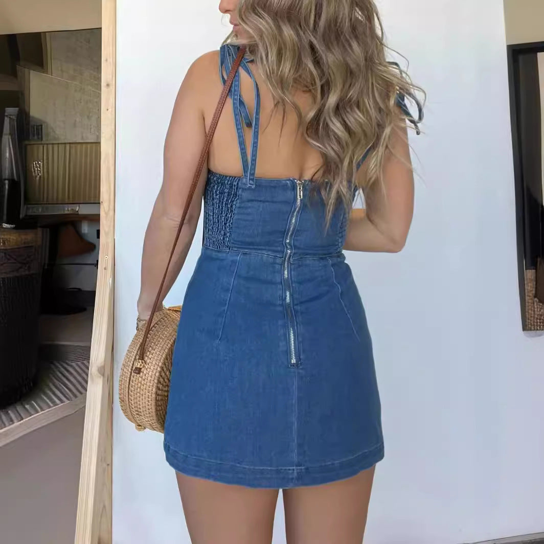 Square Neck Suspender Split Denim Short Dress