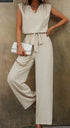 Women’s Solid Color Sleeveless Top & Belted Long Pants Set