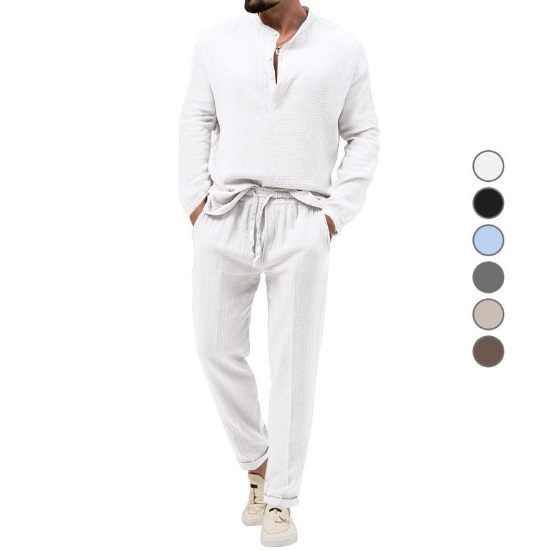 Solid Color Casual T-shirt Long Sleeve Shirt & Trousers Suit