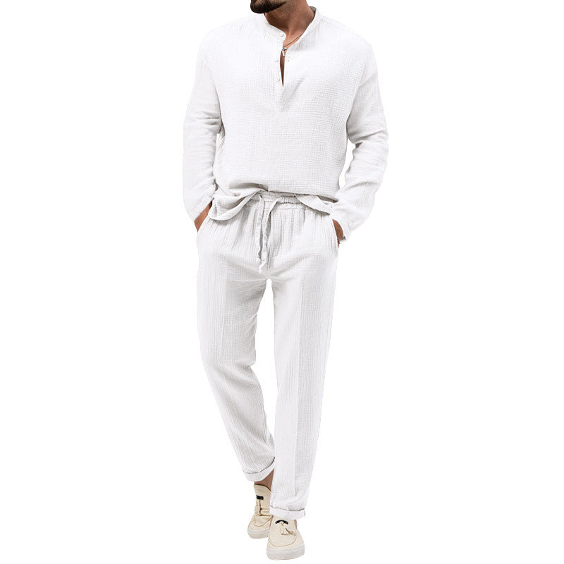Solid Color Casual T-shirt Long Sleeve Shirt & Trousers Suit