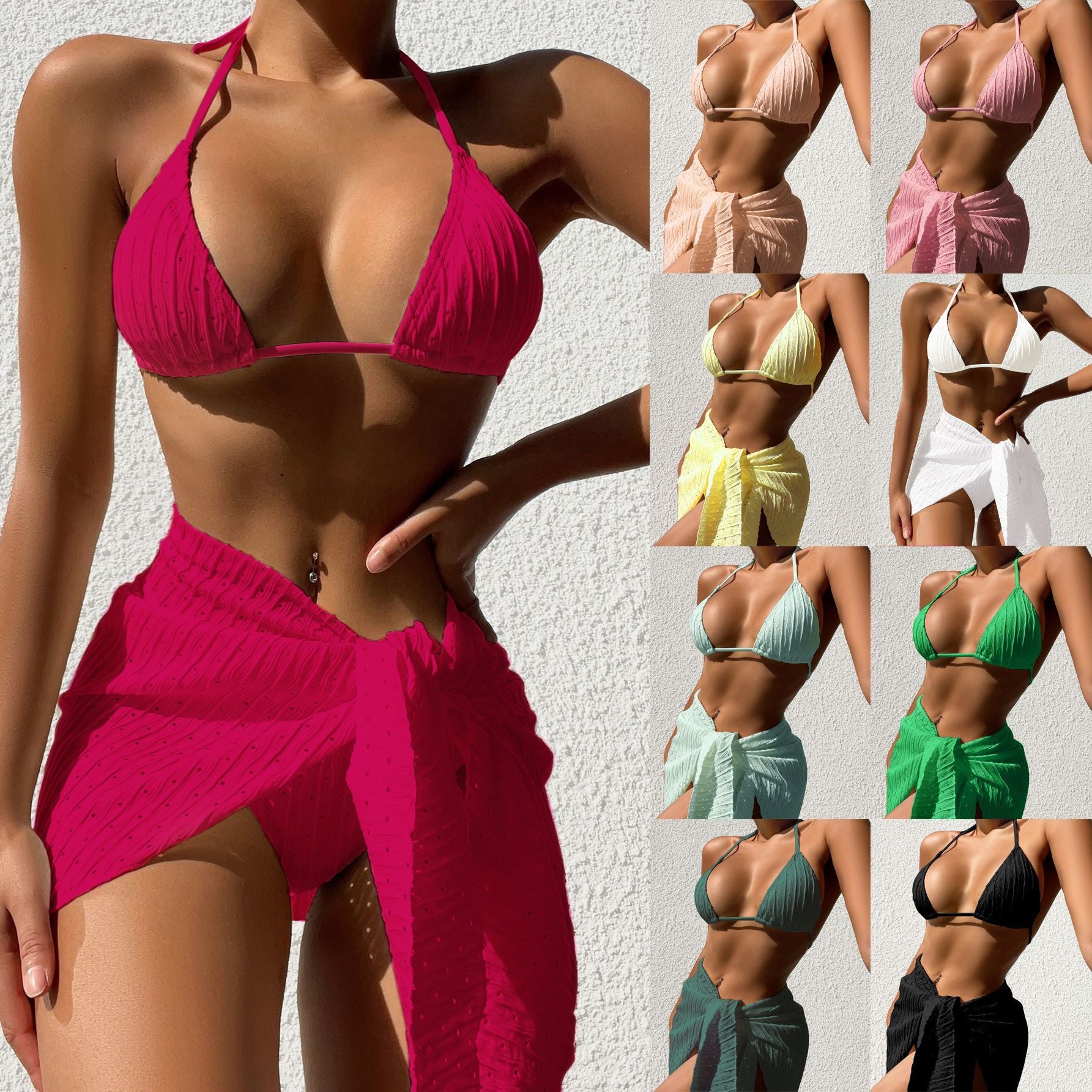3-Piece Halter Neck Swimsuit Set – Sexy Backless Bikini with Mesh Skirt