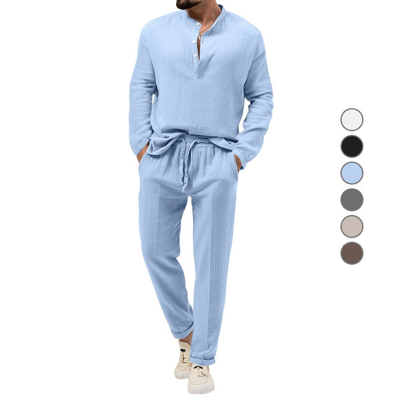 Solid Color Casual T-shirt Long Sleeve Shirt & Trousers Suit