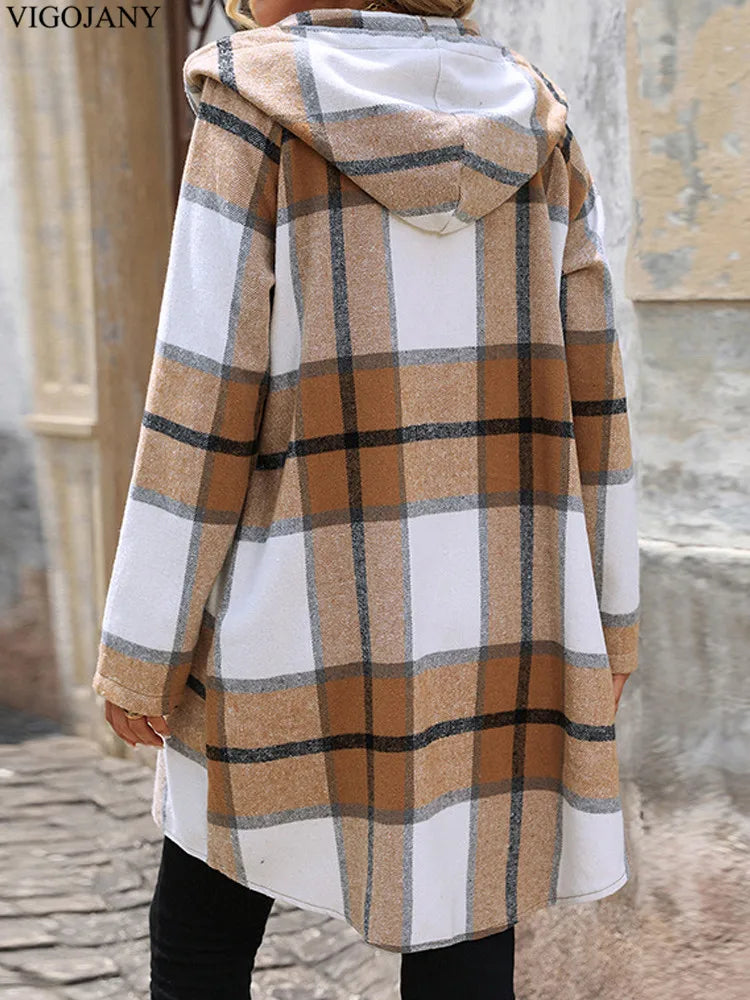 2025 Women Autumn Long Hooded Coat Female Brown Plaid Print Jacket Zipper Long Sleeve Coat Winter Lady Casual Outwear Clothing