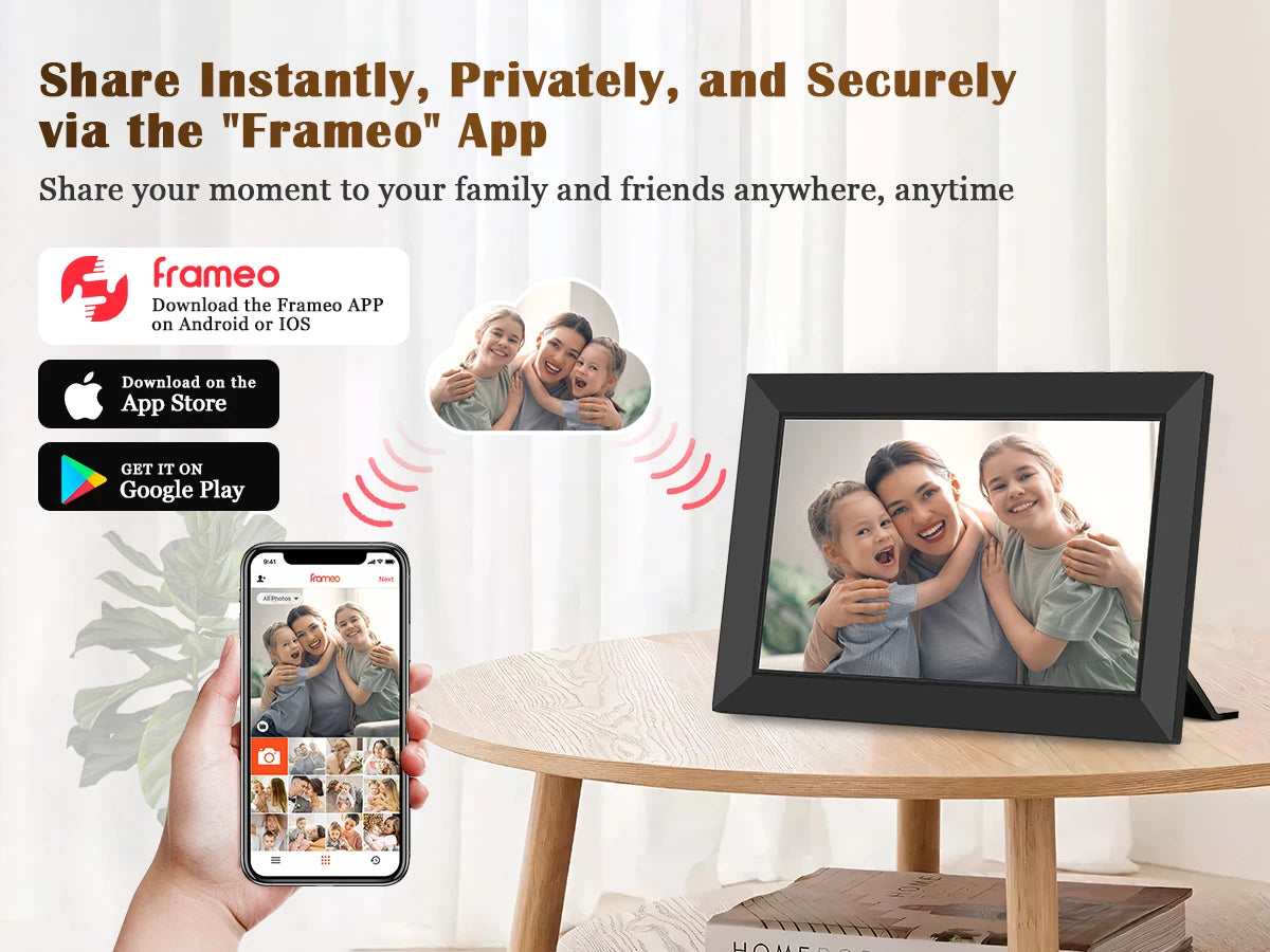 Share Instantly Photos with Grandma，10.1 Inch Smart WiFi Digital Photo Frame 32G FRAMEO  LCD Touch Screen Auto-Rotate