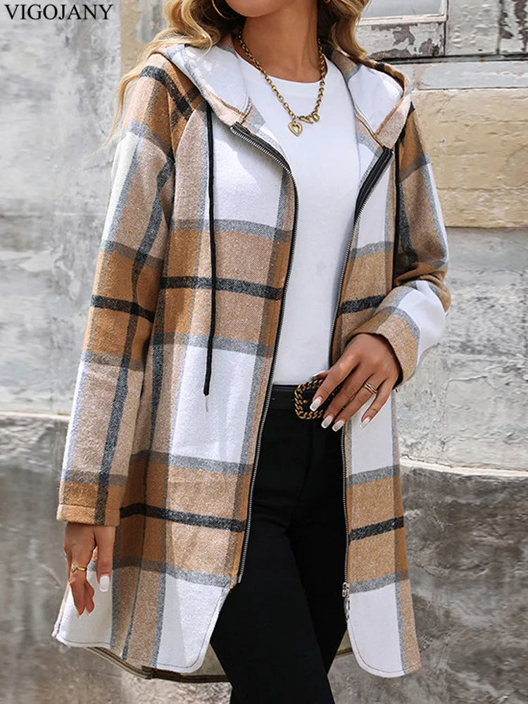 2025 Women Autumn Long Hooded Coat Female Brown Plaid Print Jacket Zipper Long Sleeve Coat Winter Lady Casual Outwear Clothing