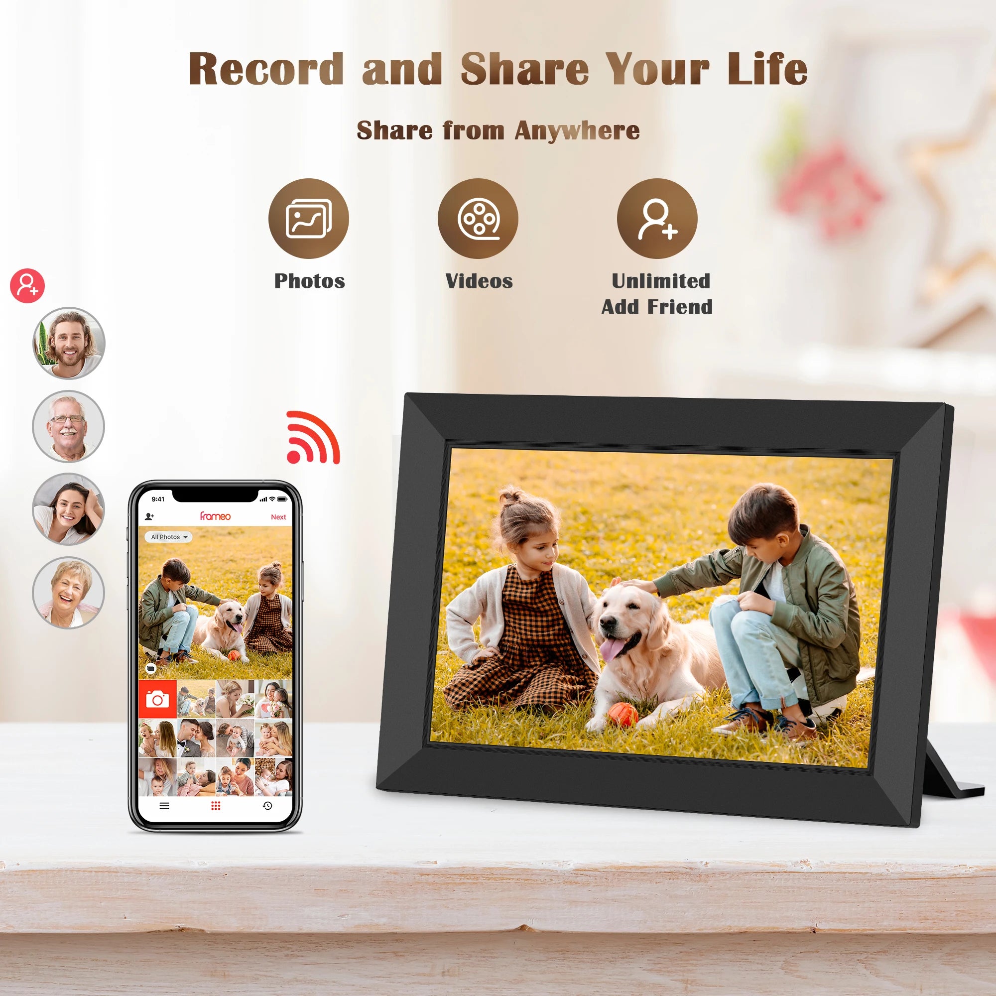 Share Instantly Photos with Grandma，10.1 Inch Smart WiFi Digital Photo Frame 32G FRAMEO  LCD Touch Screen Auto-Rotate