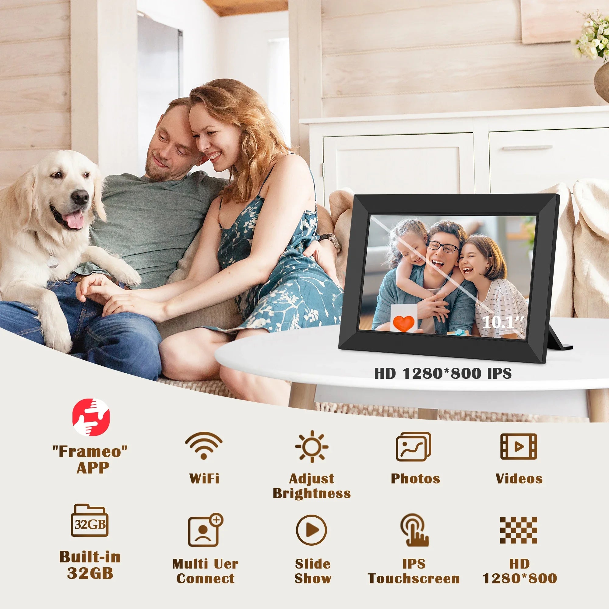 Share Instantly Photos with Grandma，10.1 Inch Smart WiFi Digital Photo Frame 32G FRAMEO  LCD Touch Screen Auto-Rotate