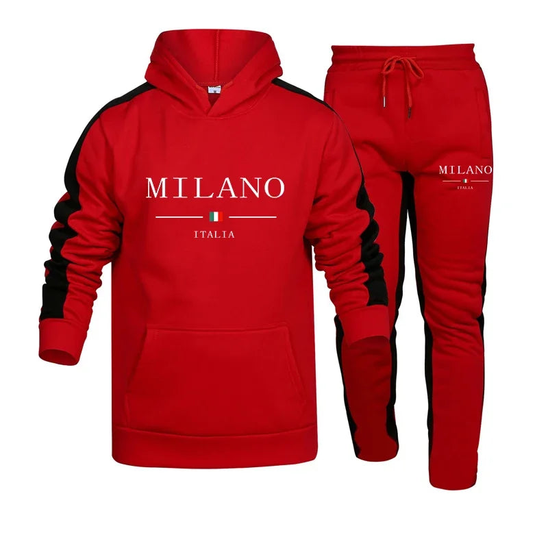 Autumn and Winter 2025 new Men's pullover hoodie and pants 2-piece set, outdoor hiking windproof and warm men's sportswear set