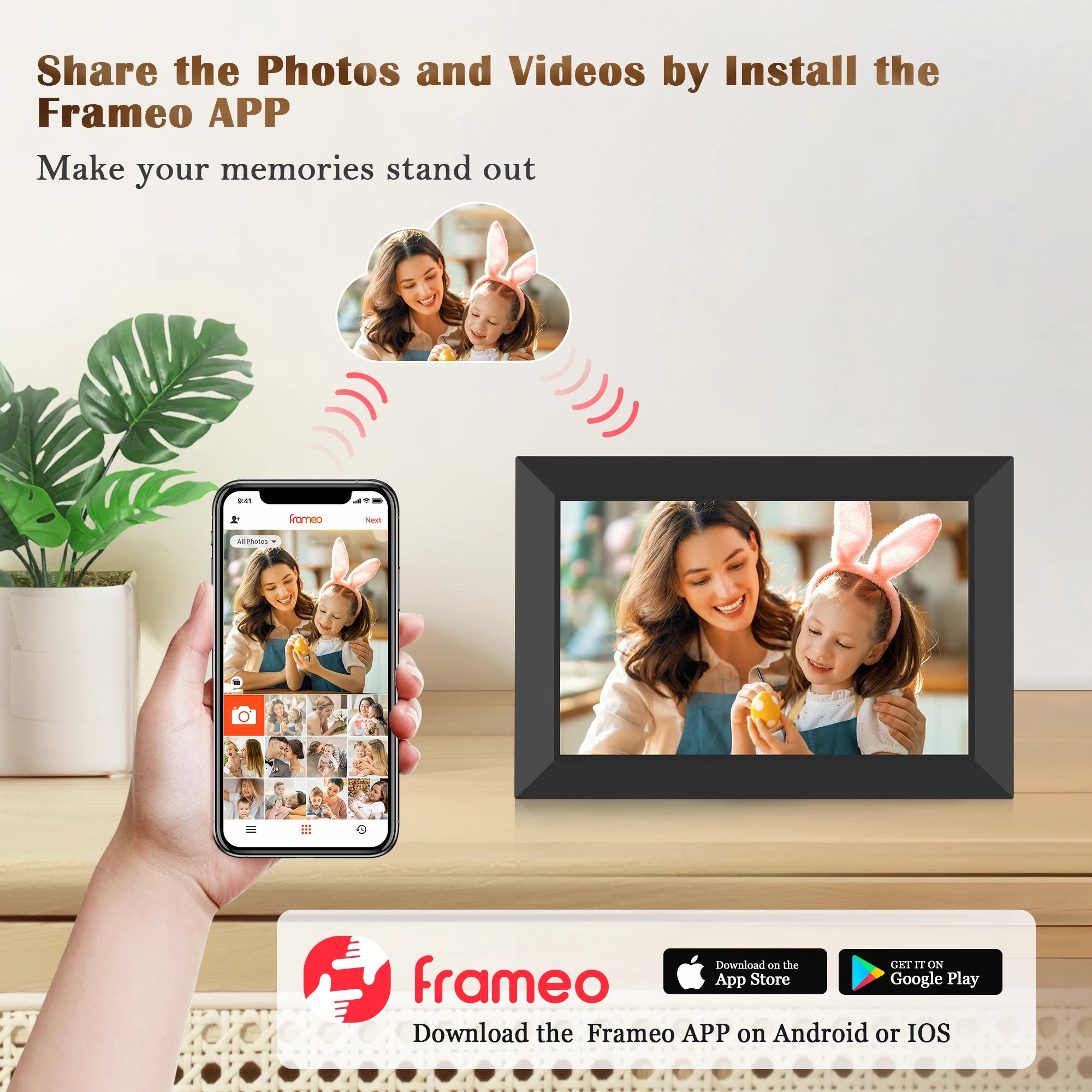 Share Instantly Photos with Grandma，10.1 Inch Smart WiFi Digital Photo Frame 32G FRAMEO  LCD Touch Screen Auto-Rotate