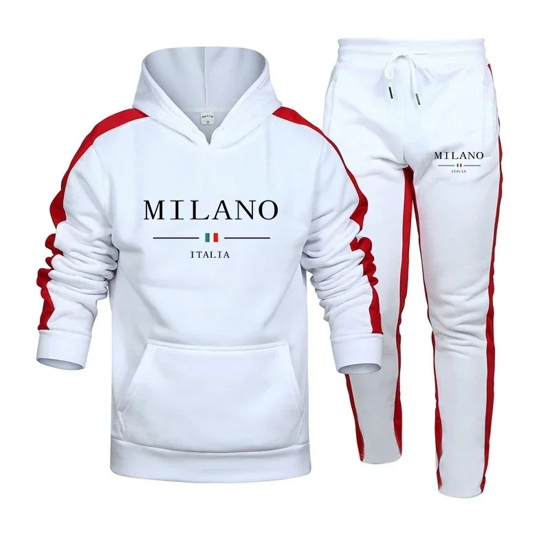 Autumn and Winter 2025 new Men's pullover hoodie and pants 2-piece set, outdoor hiking windproof and warm men's sportswear set