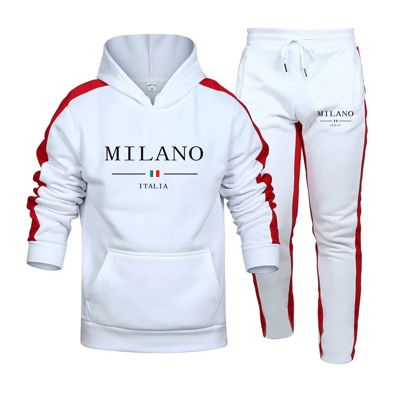 Autumn and Winter 2025 new Men's pullover hoodie and pants 2-piece set, outdoor hiking windproof and warm men's sportswear set