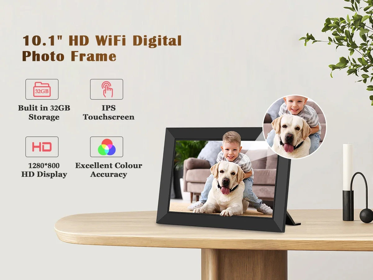 Share Instantly Photos with Grandma，10.1 Inch Smart WiFi Digital Photo Frame 32G FRAMEO  LCD Touch Screen Auto-Rotate