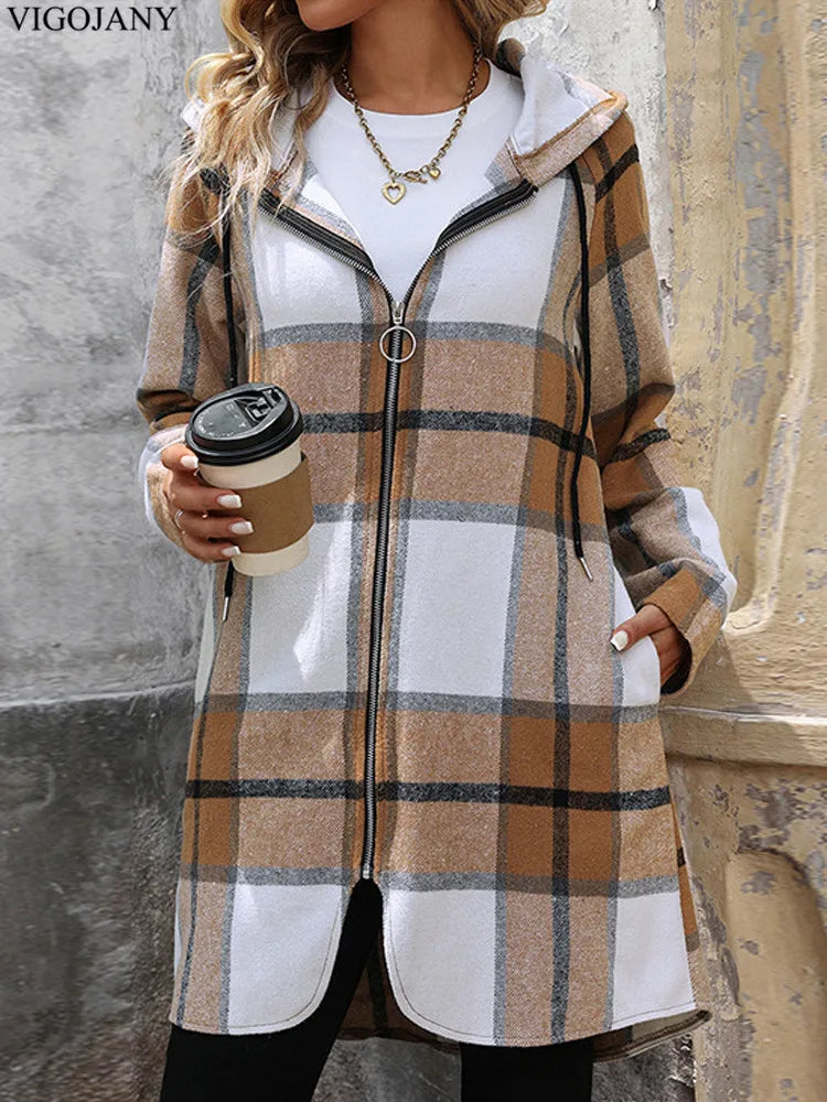 2025 Women Autumn Long Hooded Coat Female Brown Plaid Print Jacket Zipper Long Sleeve Coat Winter Lady Casual Outwear Clothing