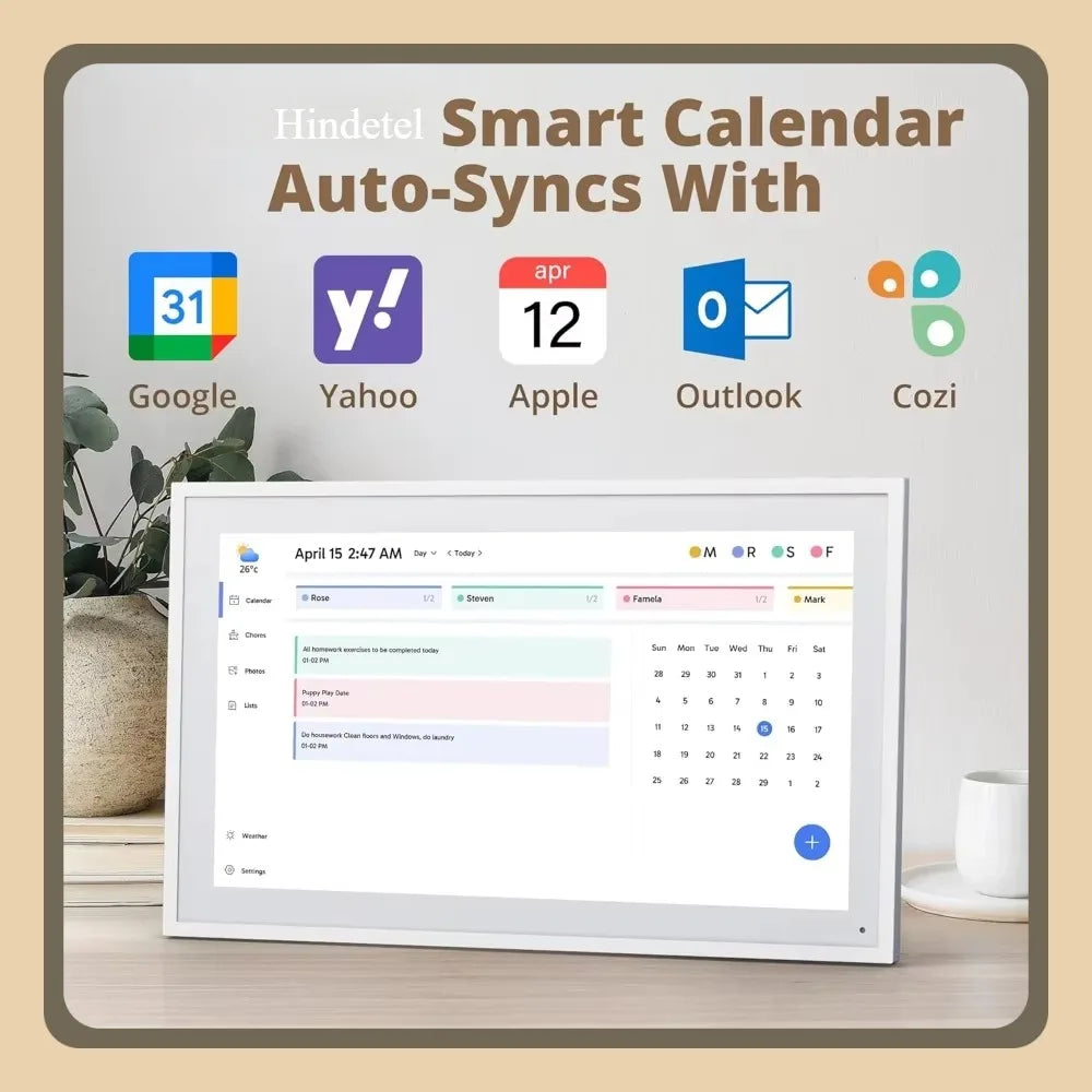 Hindetel 10 inch  smart digital calendar photo frame touchscreen auto syc google calender apple for family calendar screen