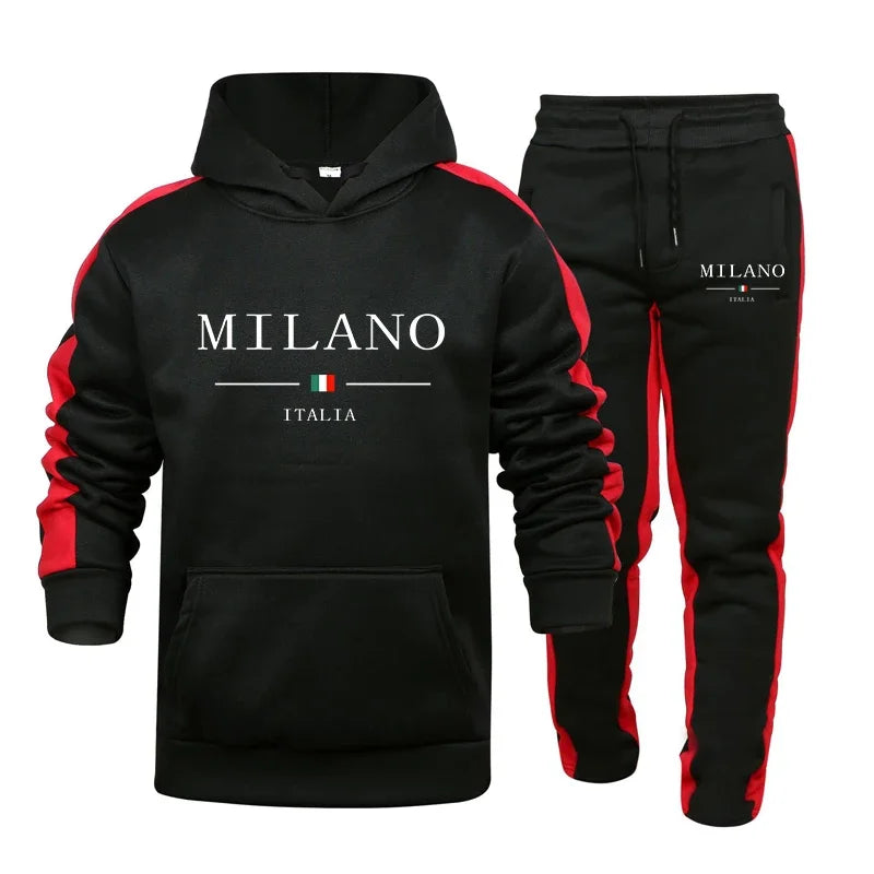 Autumn and Winter 2025 new Men's pullover hoodie and pants 2-piece set, outdoor hiking windproof and warm men's sportswear set