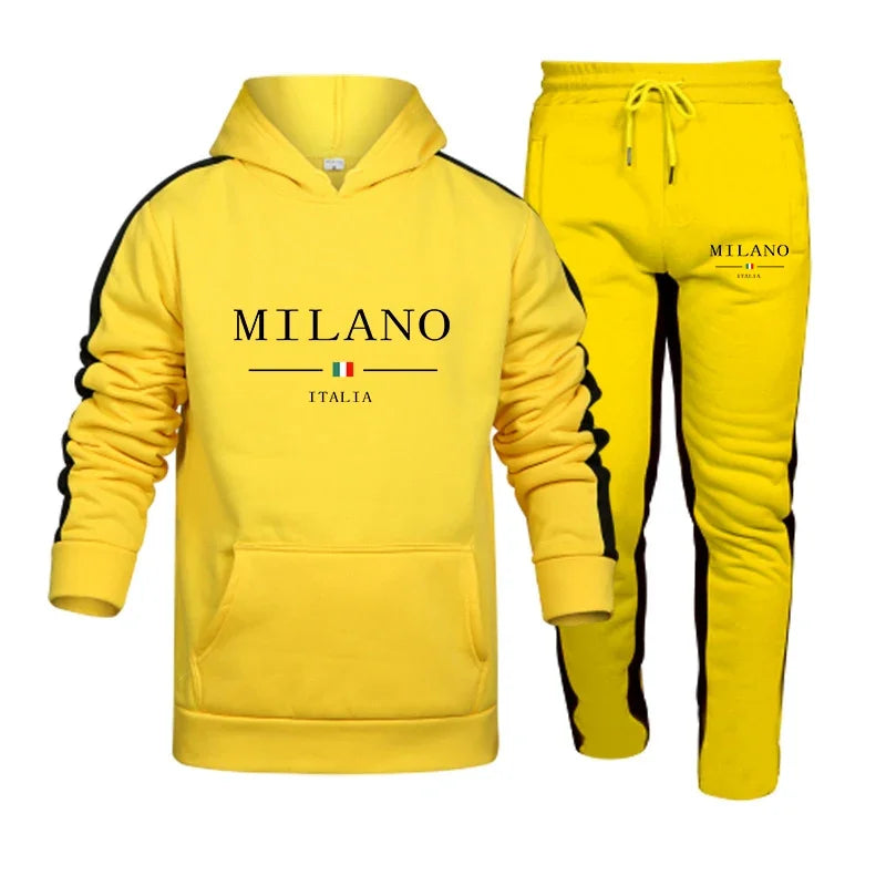 Autumn and Winter 2025 new Men's pullover hoodie and pants 2-piece set, outdoor hiking windproof and warm men's sportswear set