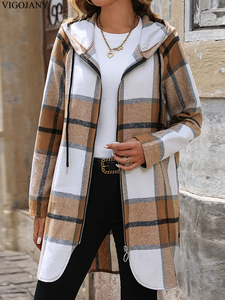 2025 Women Autumn Long Hooded Coat Female Brown Plaid Print Jacket Zipper Long Sleeve Coat Winter Lady Casual Outwear Clothing