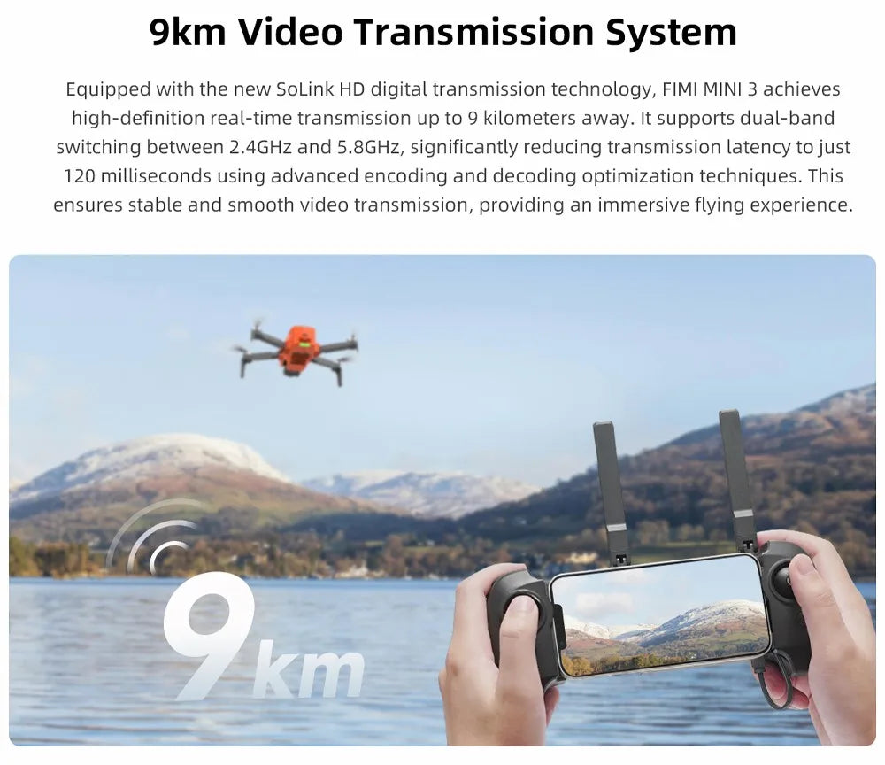FIMI Mini 3 4K GPS drone with 3-Axis Gimbal 249g 4K/60FPS 48MP 9KM Transmission 64-Min Flight Time Super Night Video Auto Return