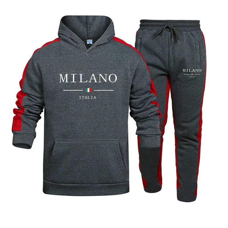 Autumn and Winter 2025 new Men's pullover hoodie and pants 2-piece set, outdoor hiking windproof and warm men's sportswear set