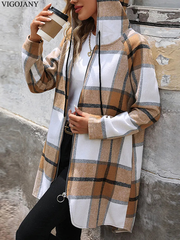 2025 Women Autumn Long Hooded Coat Female Brown Plaid Print Jacket Zipper Long Sleeve Coat Winter Lady Casual Outwear Clothing