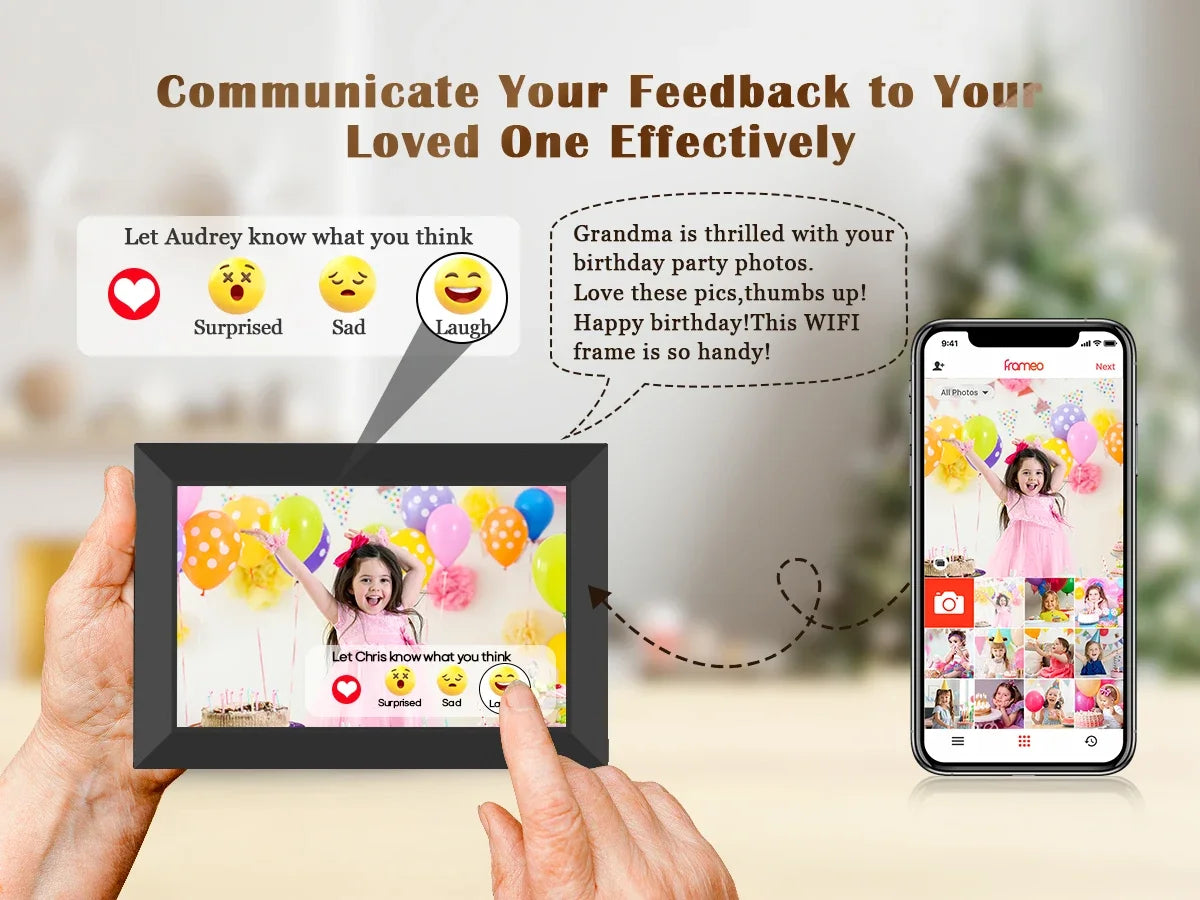 Share Instantly Photos with Grandma，10.1 Inch Smart WiFi Digital Photo Frame 32G FRAMEO  LCD Touch Screen Auto-Rotate