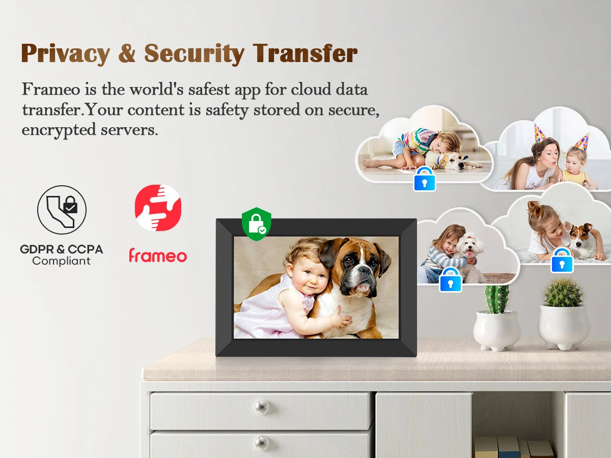 Share Instantly Photos with Grandma，10.1 Inch Smart WiFi Digital Photo Frame 32G FRAMEO  LCD Touch Screen Auto-Rotate