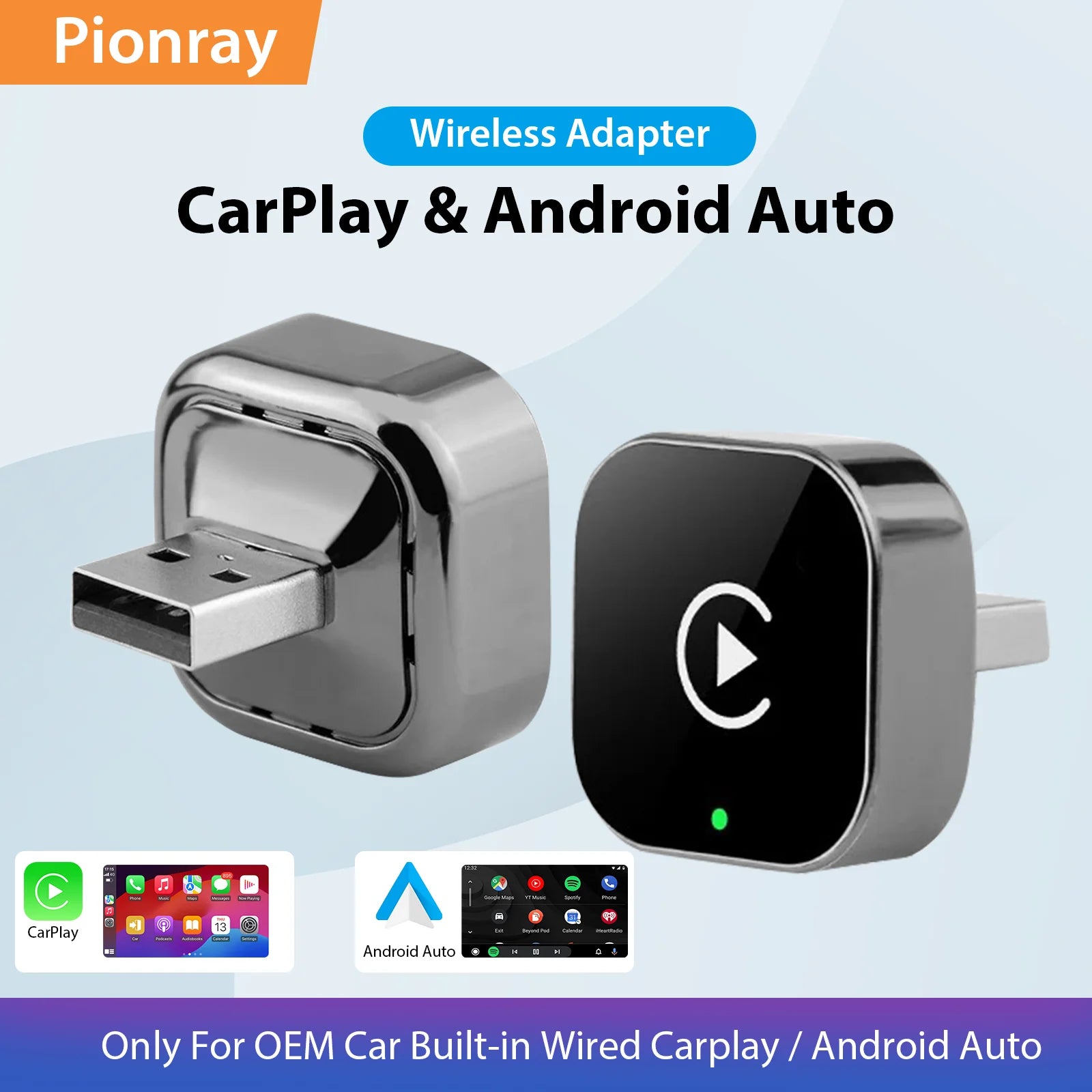 New Pionray 2 in 1 Wireless CarPlay Adapter & Android Auto Wireless Adapter, 5Ghz WiFi Type-C/USB Plug Play
