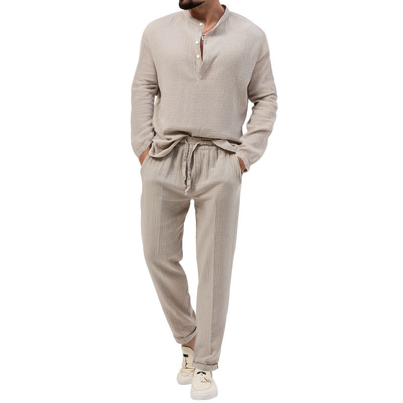 Solid Color Casual T-shirt Long Sleeve Shirt & Trousers Suit