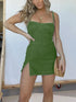 Square Neck Suspender Split Denim Short Dress