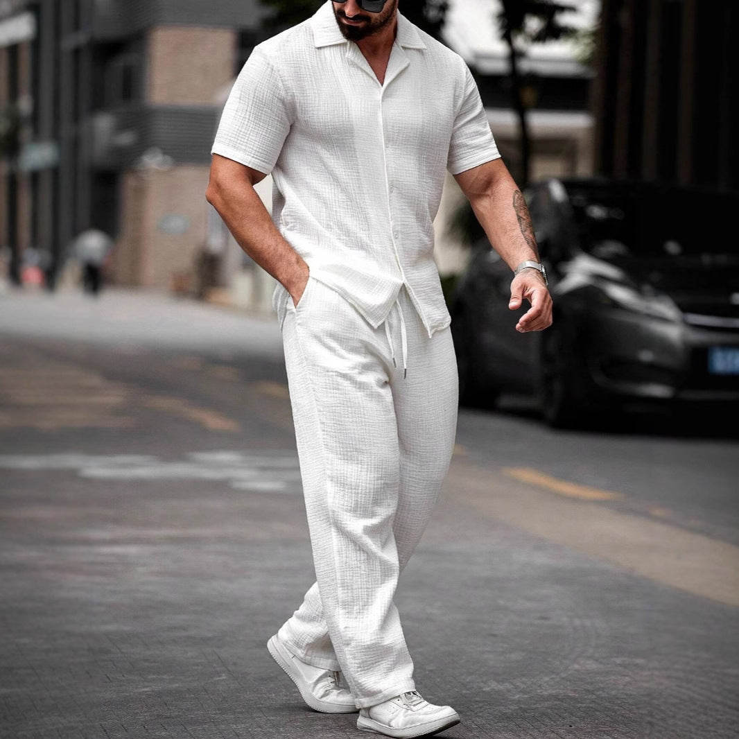 Men's Polo Collar Solid Color Short Sleeve Shirt & Trousers Set