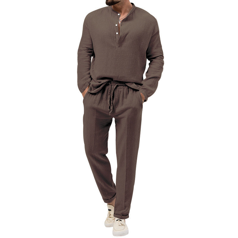 Solid Color Casual T-shirt Long Sleeve Shirt & Trousers Suit