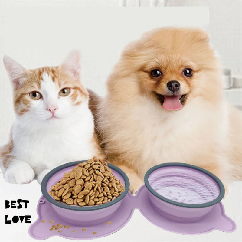 Portable Silicone Double Dog Food Bowls – Foldable, Non-Slip, Travel-Friendly
