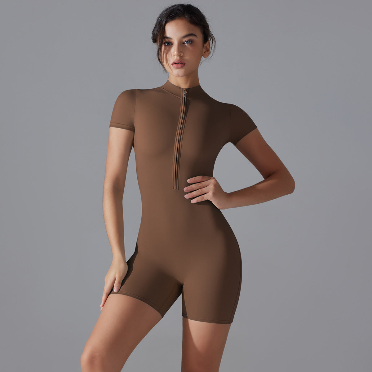 Women's Summer Zipper Short-Sleeved Sports Bodysuit – Yoga & Fitness Jumpsuit