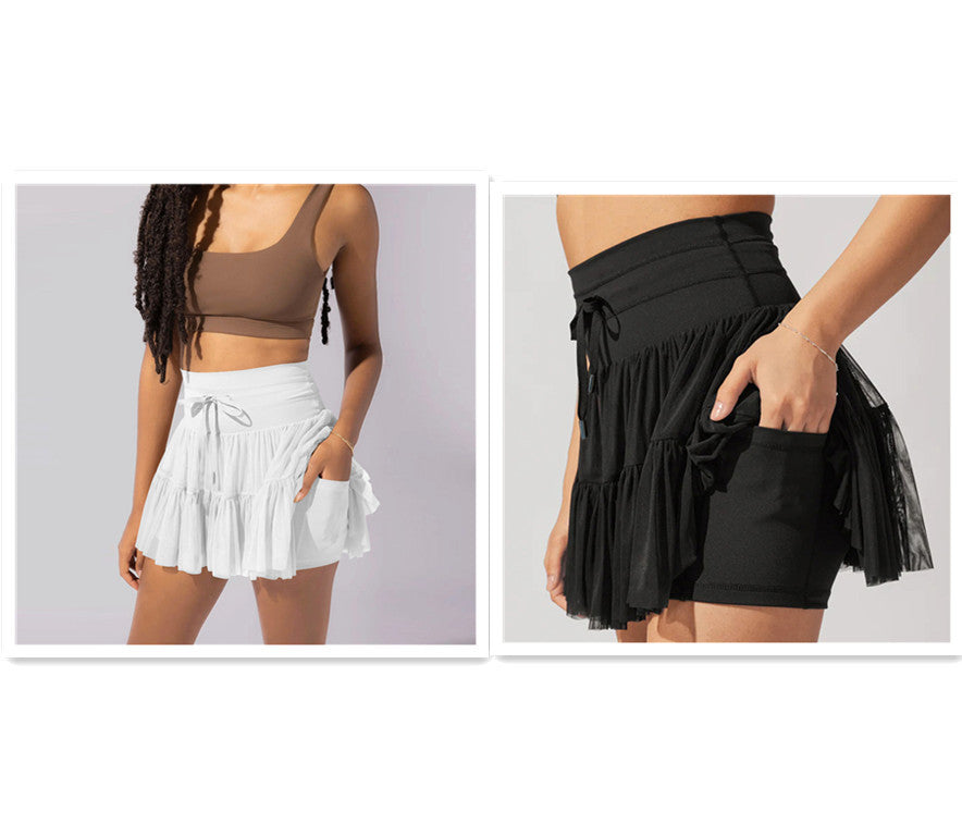 High Waist Lace-Up Sports Skirt with Anti-Exposure Safety Pants – Summer Fashion Pleated Skirt