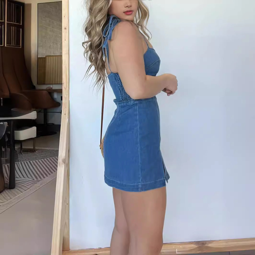 Square Neck Suspender Split Denim Short Dress